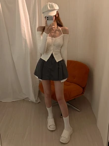 DAZY Atasan Halter Kancing Depan Renda Kontras Polos untuk Musim Gugur, Atasan Bahu Terbuka untuk Acara Malam, Warna Beige, Romantis, Elegan - Putih - View 4