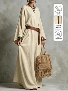 Breezaya Solid Batwing Sleeve Maxi Dress Without Belt - Apricot - View 3