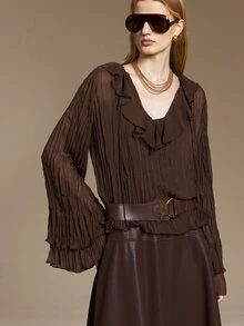 Ontre Ruffle Trim Flounce Sleeve Plisse Top Brunch Dinner Dark Brown Autumn Romantic Elegant - Green - View 7