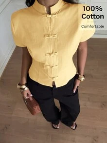 Siren Gaze Solid Button Front Crop Shirt - Light Yellow - View 3