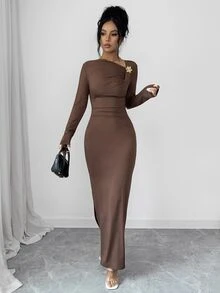 Elenzga Asymmetrical Neck Button Detail Split Thigh Dress - Brown - View 7