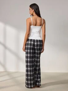Lowkey Lull Solid Cami Top & Plaid Print Pants PJ Set - Grey - View 3