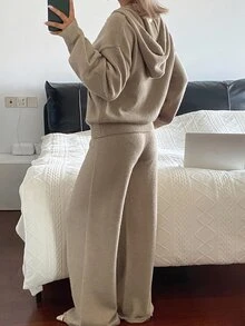 DAZY Solid Drop Shoulder Zip Up Hooded Cardigan & Wide Leg Knit Pants Set Fall - Apricot - View 2