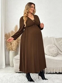 Plussiva 大尺碼孕婦純色前綁帶燈籠袖洋裝 - 棕色 - 查看 6