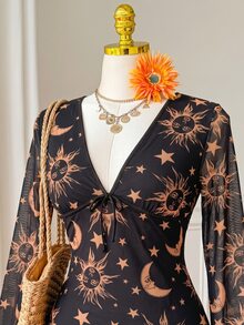 SHEIN EZwear 大尺碼太陽與月亮印花前綁帶網紗洋裝 秋季款 - 黑與白 - 查看 1