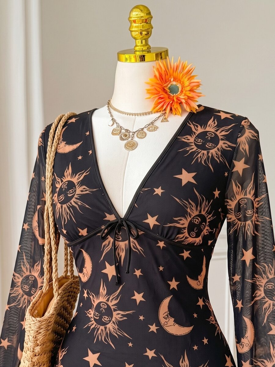 SHEIN EZwear 大尺碼太陽與月亮印花前綁帶網紗洋裝 秋季款 - 黑與白 - 查看 1
