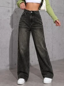 SHEIN ICON 1pc High Waist Washed Wide Leg Jeans - Black - View 7