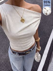 Siren Gaze Áo crop top cổ lệch eo nhún - Nhiều màu - Xem 1