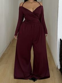 POPSWAY Plus Solid Halter Neck Wide Leg Jumpsuit Fall - Burgundy - View 5