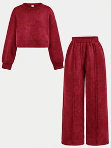 SHEIN 青少年女孩連帽衫與運動衫套裝 - 紅色 - 查看 6