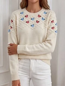 Sprig & Strand Floral Embroidery Drop Shoulder Popcorn Knit Sweater - Apricot - View 5
