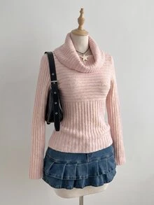 SHEIN Unity Solid Turtleneck Ribbed Knit Sweater - Pink - View 5