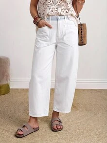 SHEIN PETITE High Waist Straight Leg Jeans - White - View 3