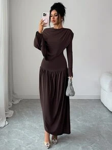 Elenzga 1 pieza Vestido con detalle fruncido sólido - Marrón - Ver 4
