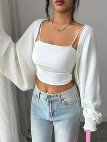 SHEIN Elenzya Kardigan Pendek Lengan Kelelawar Polos - Krem - View 6