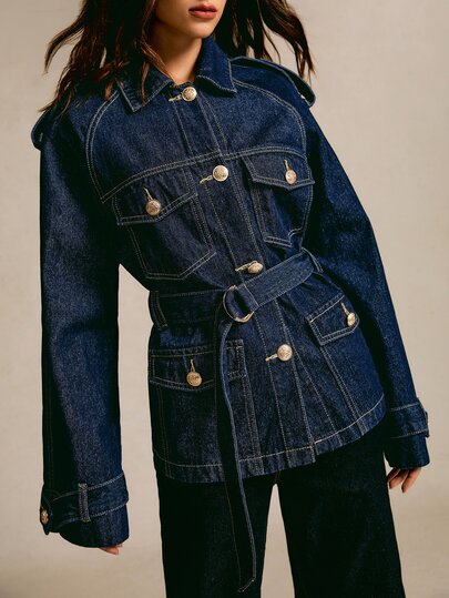 CielaLinda Flap Pocket Belted Denim Jacket