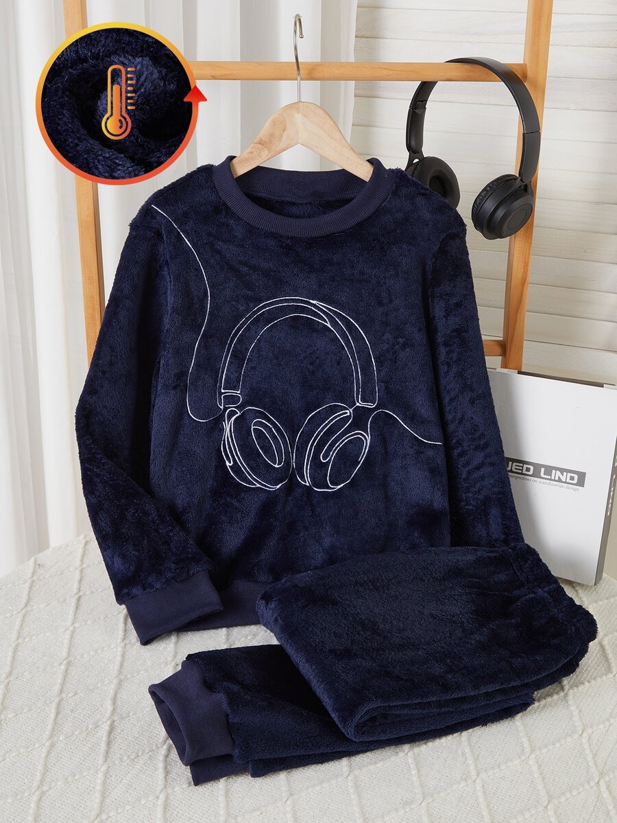 青少年男孩耳機刺繡法蘭絨睡衣套裝 - 藏蓝色 - 查看 1