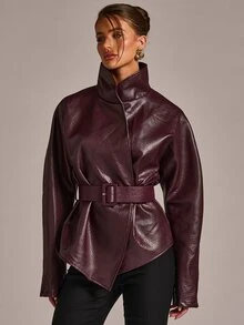 SHEIN BAE Solid Belted PU Leather Jacket - Burgundy - View 4