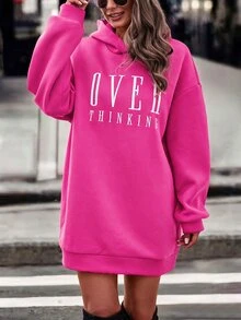 SHEIN 字母圖案落肩連帽衛衣洋裝 - 玫紅色 - 查看 6