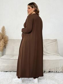 Plussiva Plus Size Maternity Solid Crop Tank Top Pants Open Front Coat Set Dates Post Partum Autumn Lounge Basic Cute Chic Going Out Fall - Brown - View 5