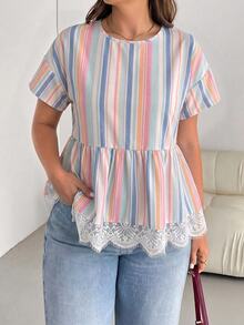 Shapeblank Plus 1pc Striped Print Lace Trim Peplum Blouse - Multicolor - View 5