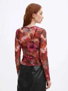BizChic Pink Floral Mesh Top Without Bra Night Out Party Autumn Sexy - Orange - View 2