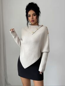 Elenzga 1pc Button Detail Batwing Sleeve Sweater - Apricot - View 3