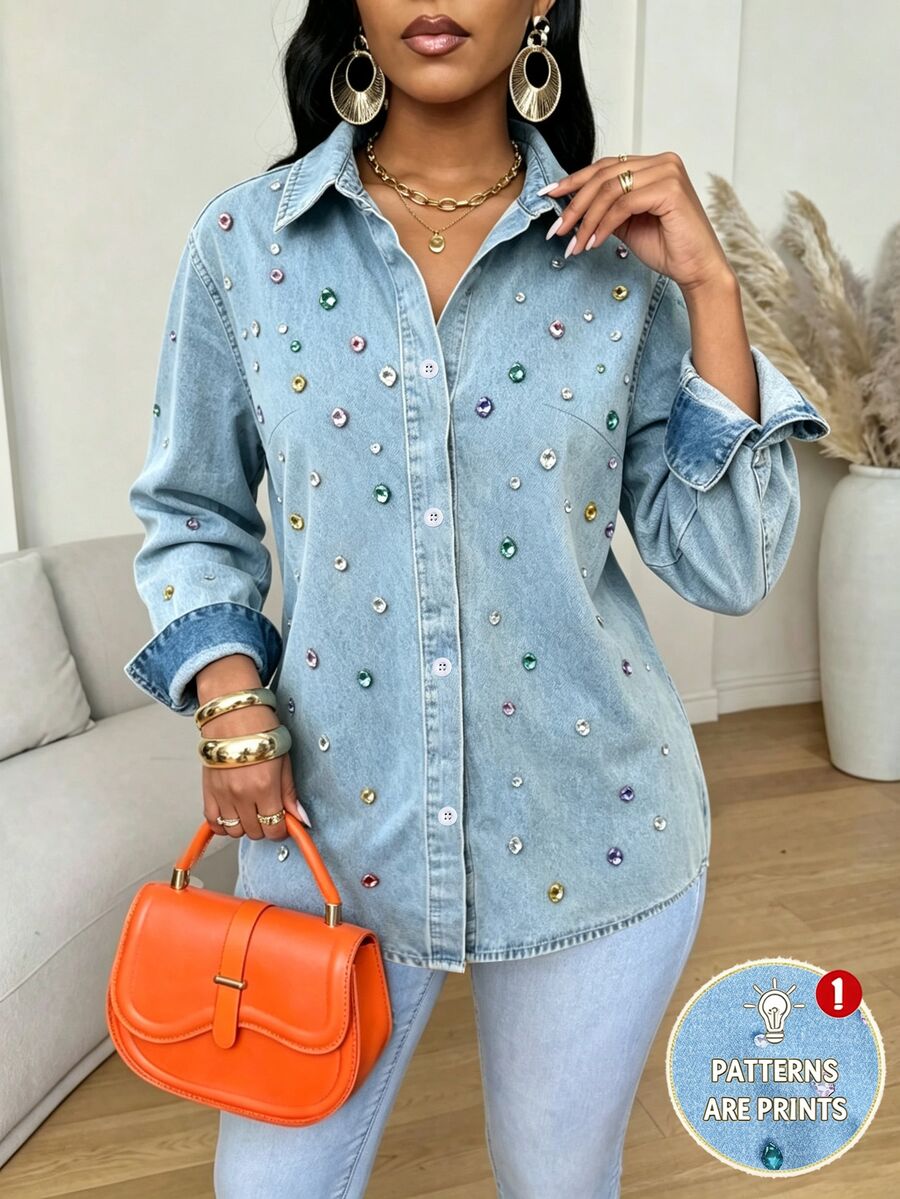 SHEIN Clasi CURVE Plus Size Colorful Rhinestone Detail Button Front Shirt Fall - Blue - View 1