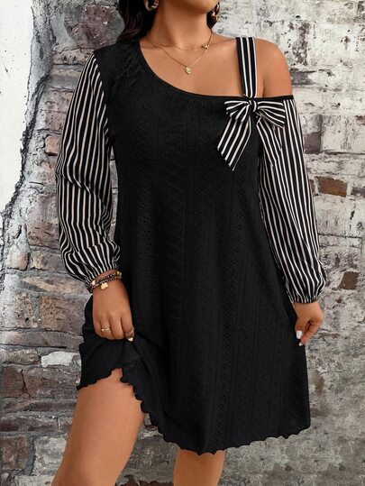 Elenzga Plus Contrast Striped Print Asymmetrical Neck Dress