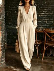 EMERY ROSE Solid V Neck Jumpsuit Without Belt - Apricot - View 3