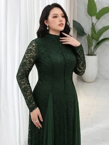 Feyla Plus Mock Neck Lace Overlay Dress - Dark Green - View 3