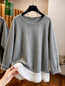Franclia 大尺碼對比色蕾絲上衣（不含包款） - 灰色 - 查看 3