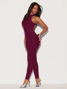 Hauture Enfärgad rygglös jumpsuit med halterneck - Bourgogne - Visa 2