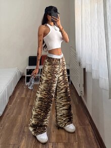 StreetHx Tiger Striped Wide Leg Jeans - Multicolor - View 4