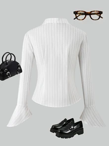 SHEIN 青少年女孩冬季上衣襯衫 教師節 白色 學生 優雅街頭風 假日休閒 舒適 校園 六年級 正式 海灘 - 白色 - 查看 3