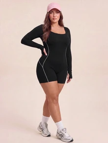 SHEIN Rhythm Era Plus 1pc Cut Out Back Contrast Piping Sports Romper - Black - View 6