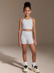 SHEIN 青少年女孩波點印花交叉背運動服套裝 - 白色 - 查看 4
