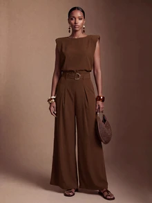 Zivah Shoulder Pad Tank Top & Belted Wide Leg Pants - Brown - View 3