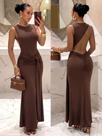 Slaydiva Women Brown Sleeveless Maxi Dress Open Back Twist Knot Waist Ruched Mermaid Bodycon Evening Party Gown Holiday Birthday Cocktail Prom Party Christmas