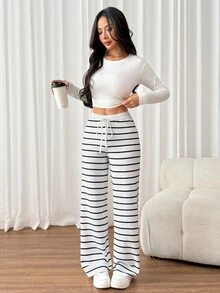 SHEIN PETITE 女士毛衣褲子 - 黑與白 - 查看 4