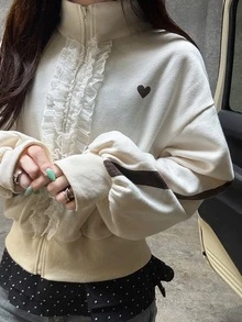 FRIFUL Sweatshirt Bermotif Hati dengan Hiasan Ruffle, Bahu Longgar, dan Resleting, Cocok untuk Musim Gugur, Sehari-hari di Sekolah, Warna Putih Gading, Lucu, dan Romantis. - Aprikot - View 1