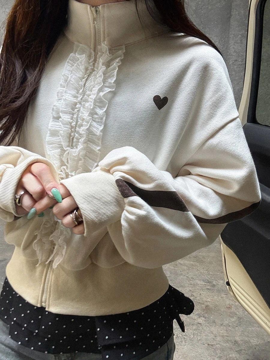 FRIFUL Sweatshirt Bermotif Hati dengan Hiasan Ruffle, Bahu Longgar, dan Resleting, Cocok untuk Musim Gugur, Sehari-hari di Sekolah, Warna Putih Gading, Lucu, dan Romantis. - Aprikot - View 1