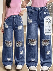 SHEIN 青少年女孩 1件裝 破洞磨邊直筒牛仔褲 - 深色水洗藍 - 查看 1