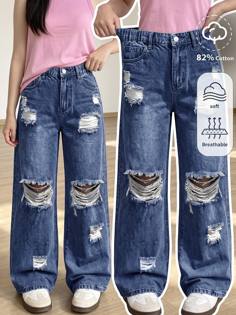 SHEIN 青少年女孩 1件裝 破洞磨邊直筒牛仔褲 - 深色水洗藍 - 查看 1