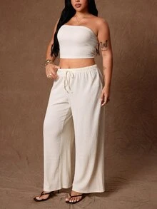 Rustia Ditambah atasan tube crop polos & celana lebar. - Aprikot - View 4