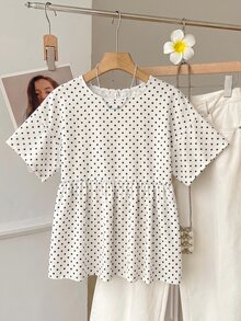 SHEIN EZwear 波點印花荷葉邊上衣 - 白色 - 查看 7