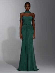 Elitara Twist Front Mesh Formal Dress With Cape - Green - View 4