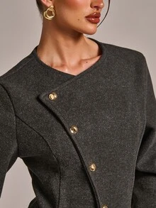 SHEIN BAE Jaket Pendek Campuran Wol Abu-abu Muda dengan Detail Kancing Diagonal, Kerah Bulat, Potongan Ramping, Elegan, Kasual, Profesional untuk Kantor, Bisnis, Musim Gugur - Dark Grey - View 8