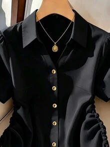 Resyla Chemise grande taille à cordon de serrage et boutons sur le devant - Noir - Voir 3