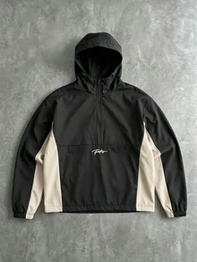PAVTROS Men Letter Graphic Colorblock Half Zip Hooded Jacket - Beige - View 3